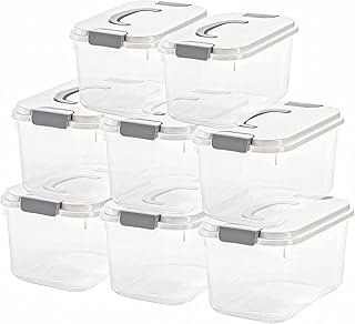 Elsjoy Set of 8 Plastic Storage Bins, 5.5 Quart Clear Storage Latch Box with Lids, Stackable Organizing Bins Lidded Storage Container for Snacks, Cosmetics