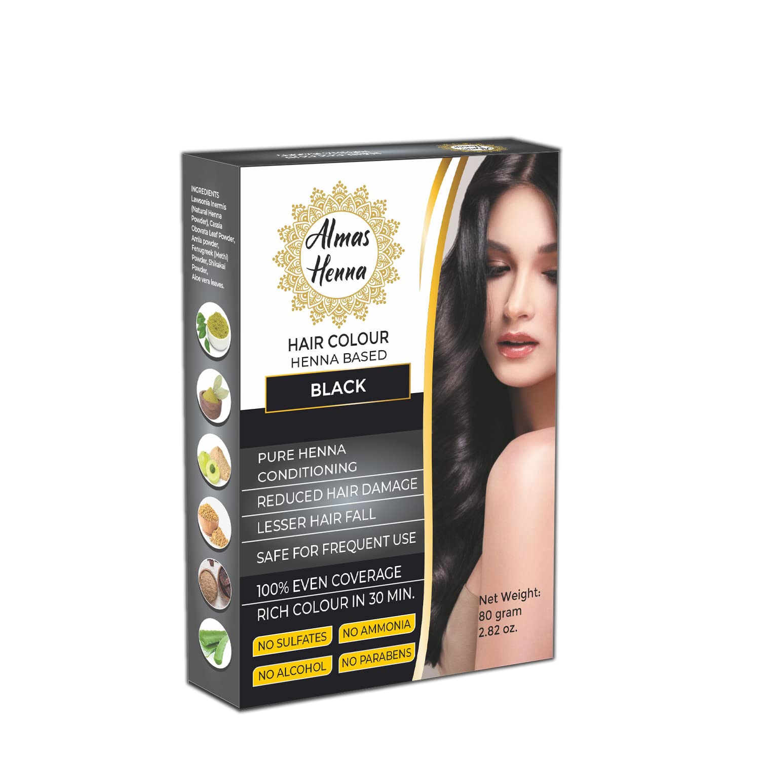 Almas Henna 80 GRAM Hair Color, 100% Organic Henna Powder Infused with Goodness of Herbs, Natural Henna Hair Dye For Soft Shiny Hair, Black, 2.82 OUNCE
