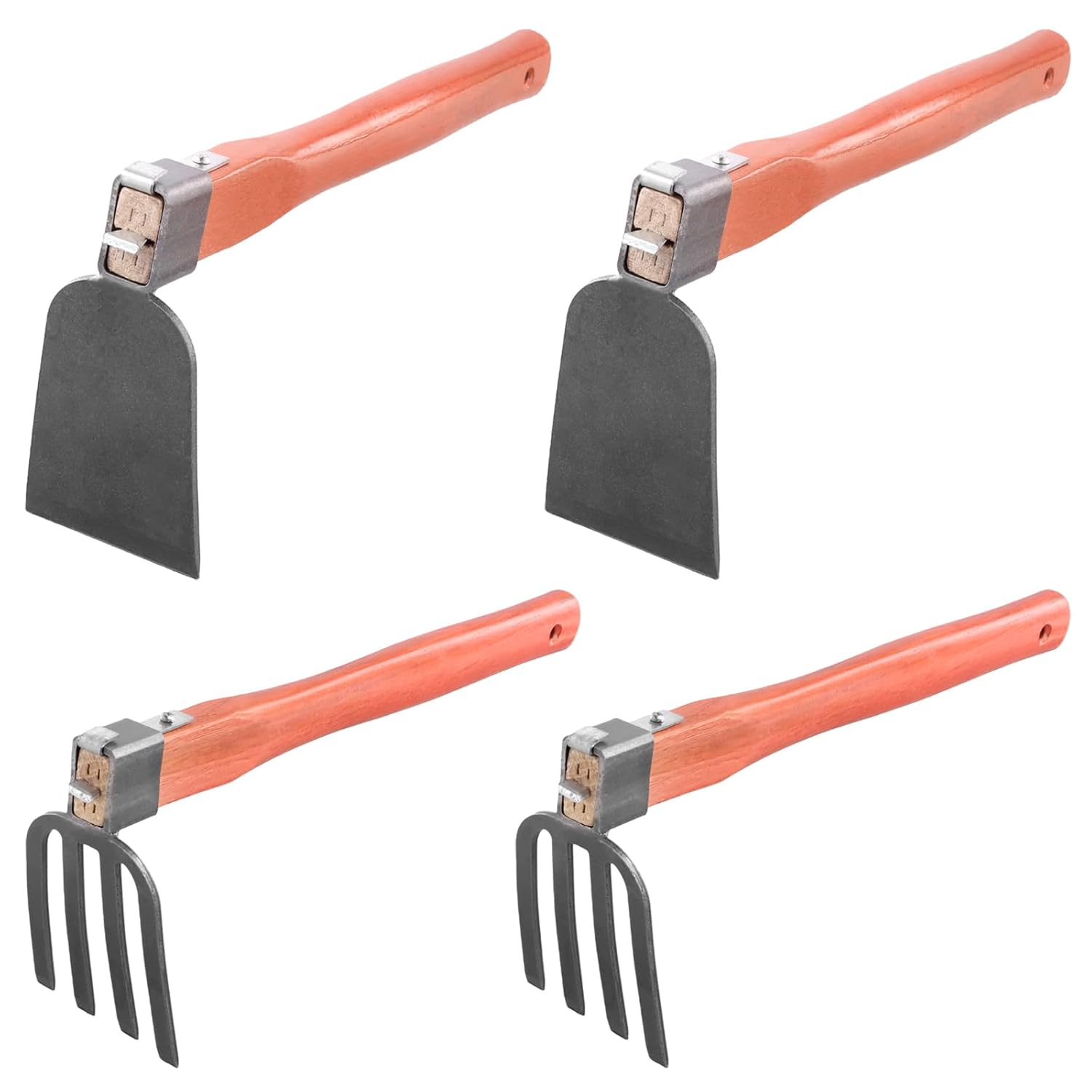 MAKTSAM 4 PCS 15 Inch Garden Digging Hoe and Garden Cultivator Rake, Garden Tool Hoes with Wooden Handle for Loosening Soil, Weeding