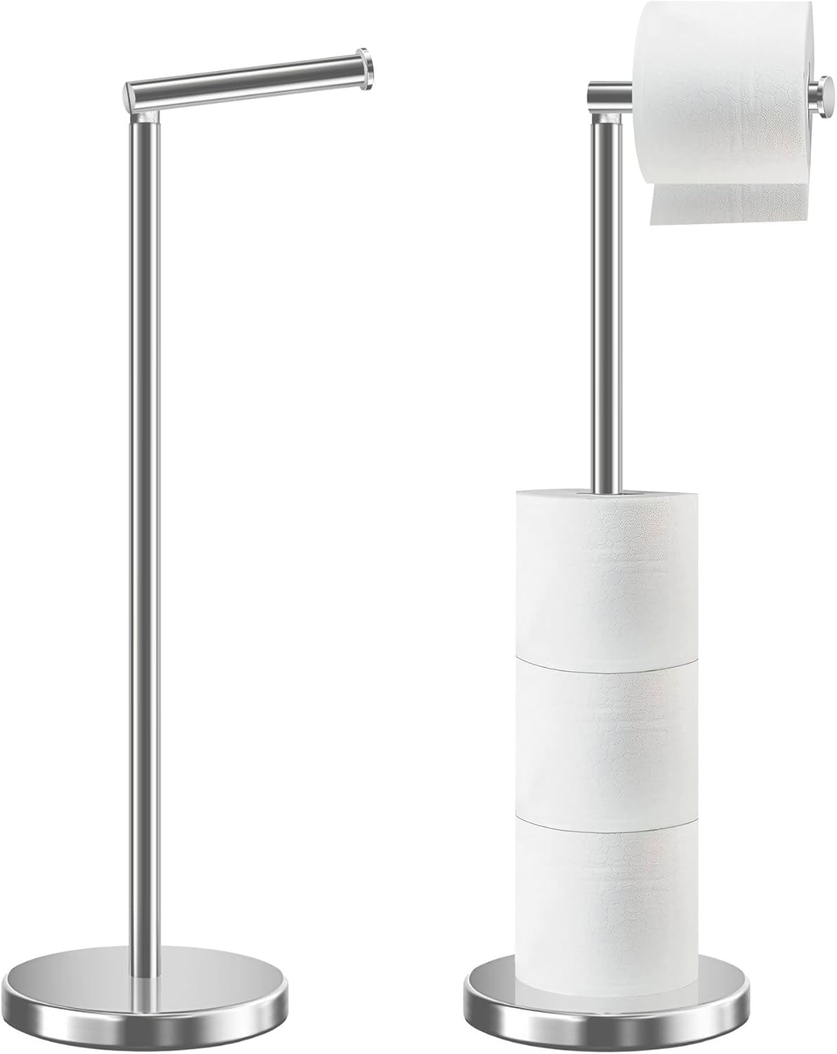 HOMEZI Toilet Roll Holder Free Standing with HEAVY BASE, Premium Toilet Roll Stand, Stainless Steel loo roll holder for Bathroom 2 in 1 Holder and Storage for 5 Rolls - Chrome