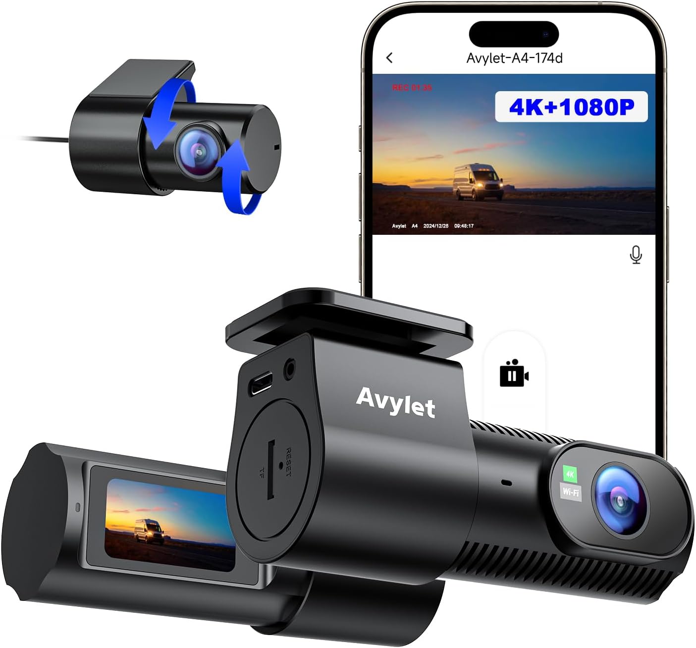 DashCam Front and Rear Camera, 4K/1080P WiFi APP Dash Camera for Cars, External GPS Module, 1.5” IPS Screen, Dual Dash Cam with APP, Night Vision, 24H Parking Mode, 170° Wide Angle, G-Sensor