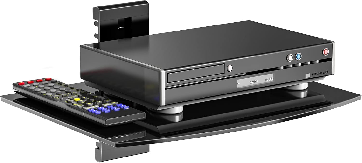 WALI Floating Entertainment Center Shelves, Holds Up to 17.6lbs, TV Shelf with Strengthened Tempered Glasses for DVD Players, Cable Boxes, Games Consoles, TV Accessories (CS201B), 1 Shelf, Black