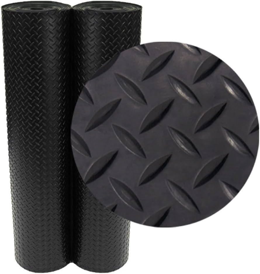 Rubber-Cal Diamond-Plate Rubber Flooring Rolls - 3 mm x 4 ft x 7 ft Rolls - Black