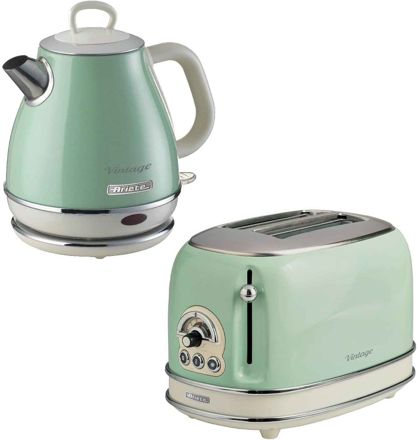 Ariete Vintage 1L Jug Kettle & 2 Slice Toaster Blue Set, 1600 Watts, Cold handle, Steel Walled Kettle, 360° Swivel Base, Auto Shut Off, Auto Eject, Removable Crumb Tray, 6 Brown Levels, Defrost, Green