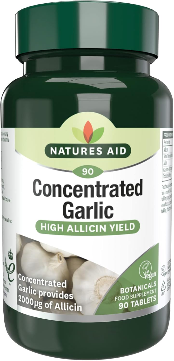 Natures Aid Concentrated Garlic 2000µg - 90 Tablets - High Strength Cold Pressed Allicin & Aliin Supplement - Support Heart Health & Circulation - Vegan Vegetarian Gluten Free Not Capsules or Gummies