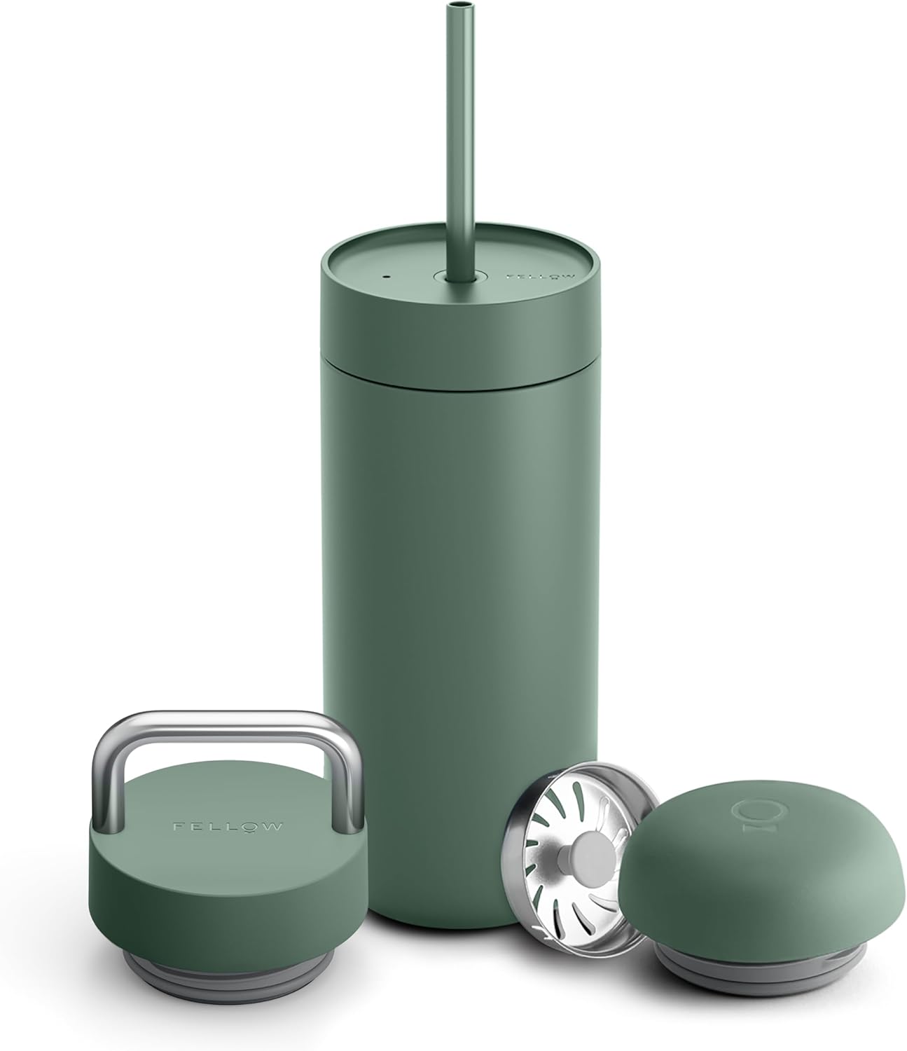 Fellow 16 oz Carter Bundle (3 in 1) Travel Mug with Slide-Lock, Move & Cold Lids with Straw - To-Go Coffee Tumbler, Ceramic Interior & Vacuum-Insulated Stainless Steel - Coffee Cups-Smoke Green
