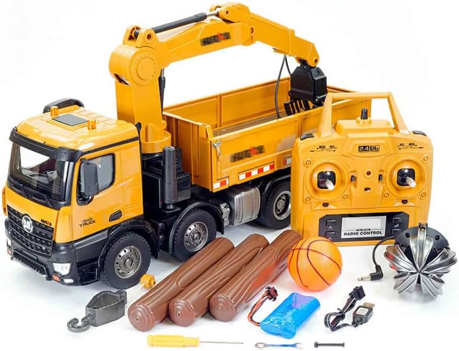 2 in 1 RC Dump Truck Wood Grabber Model Three Modes with Hooks & Grab 1/14 Remote Control Construction Vehicle for Adult 2.4G Fully Functional 26CH Alloy Engineering Trucks Heavy Equipment