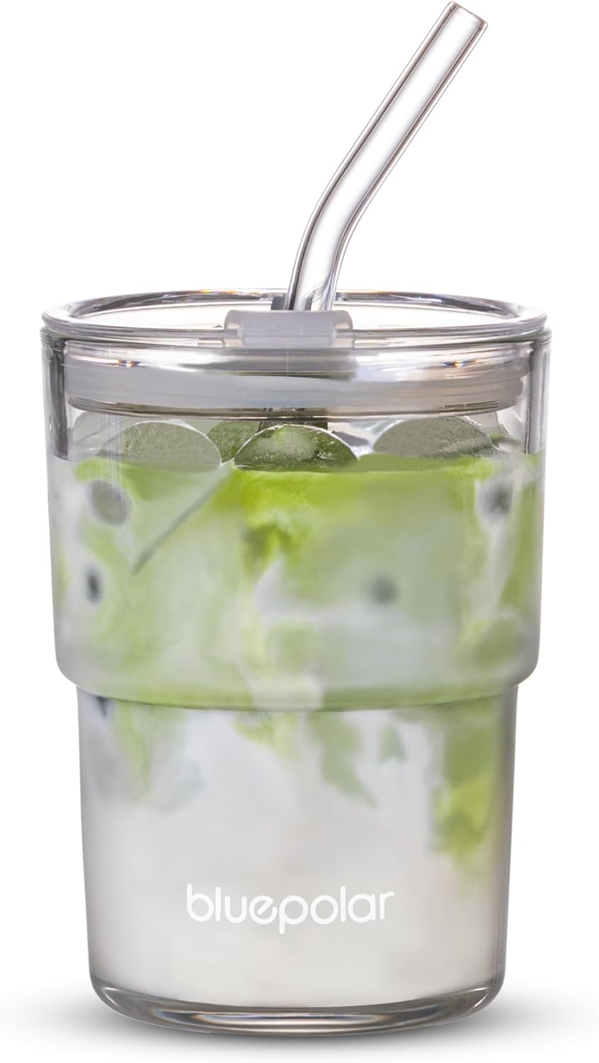 BLUEPOLAR 13oz/400ml Glass Water Tumbler with Straw and Lid Sealed Carry On Thick Wall Iced Coffee Cup Glass Cup for Water, Iced Tea Fruit Juice Etc(Aurora White