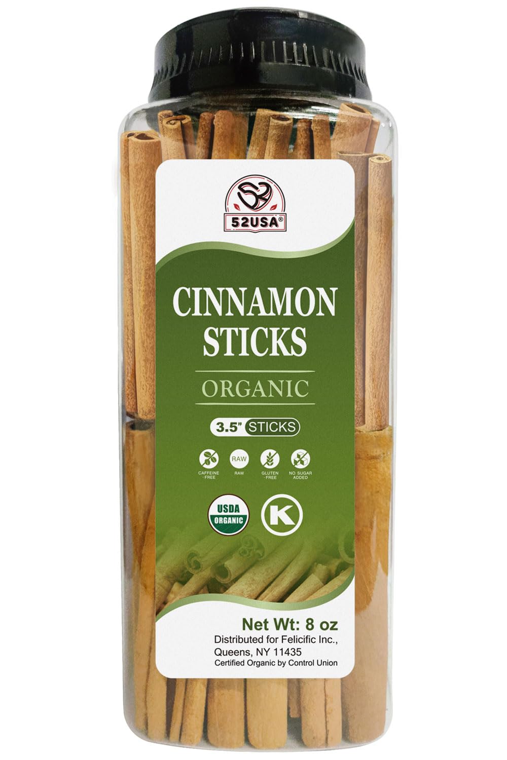52USA Organic Cinnamon Sticks, Cinnamon 8oz (226g), Cinnamon Sticks Whole, 100% Raw, USDA & Kosher Certified, Gluten Free, Non-GMO, Pure & Fresh Cinnamon, Perfect for Baking, Cooking & Beverages