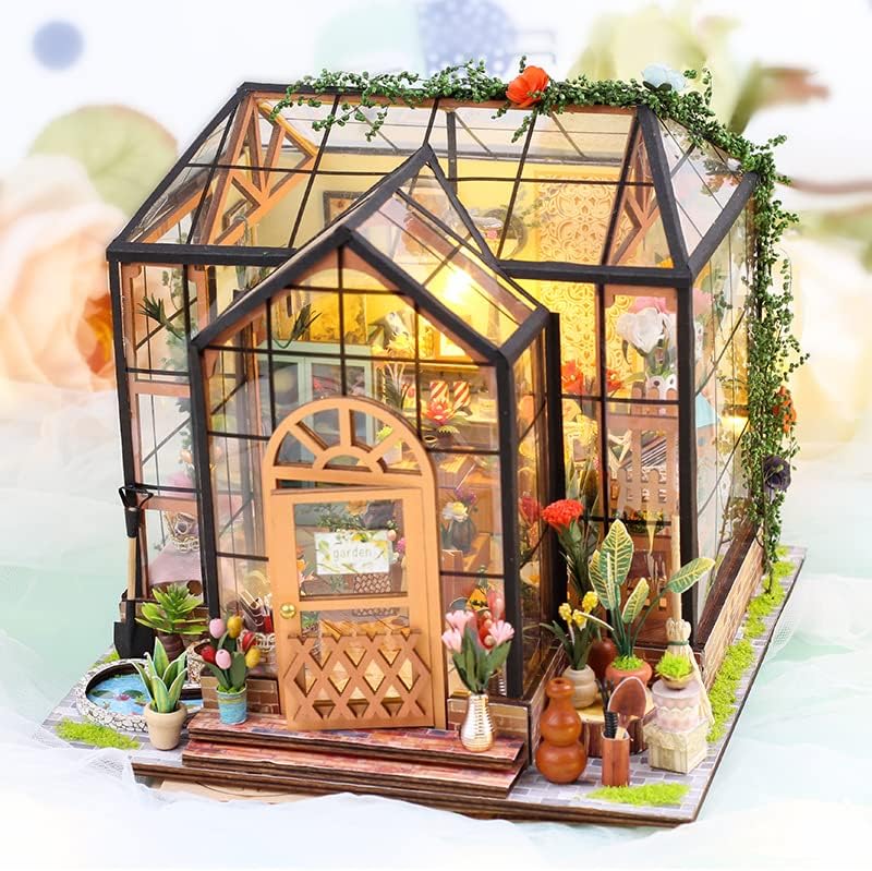 DIY Miniature Dollhouse Kit, Mini 3D Doll House Kit with Furniture and LED Light, 1:24 Scale Creative Flower House, Bookshelf Decor, Wooden Greenhouse Craft Kit for Adults, Gift for Birthday Valentine
