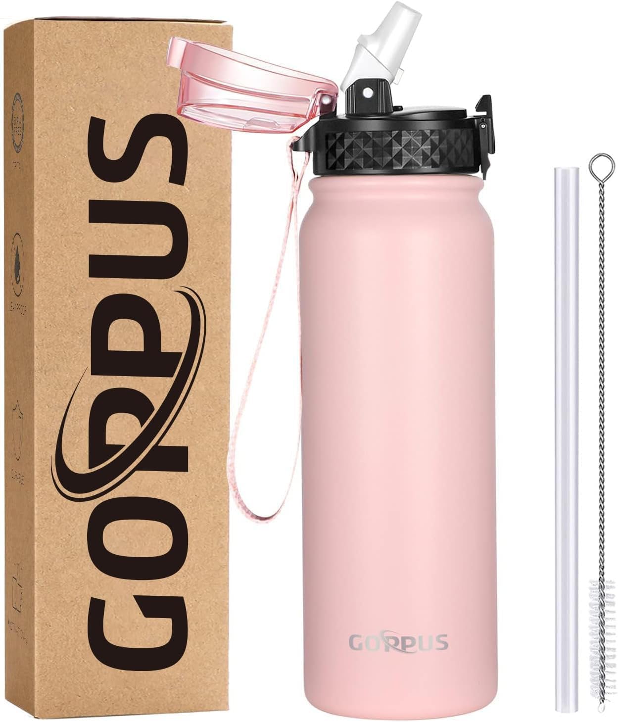GOPPUS 600ml/20oz Stainless Water Bottle with Straw Double Wall Insulated Bottles with Strap Reusable Vacuum Thermal Flask Leakproof Keep Cold Drinks Bottles with Flip Top Lid for Men Women BPA Free