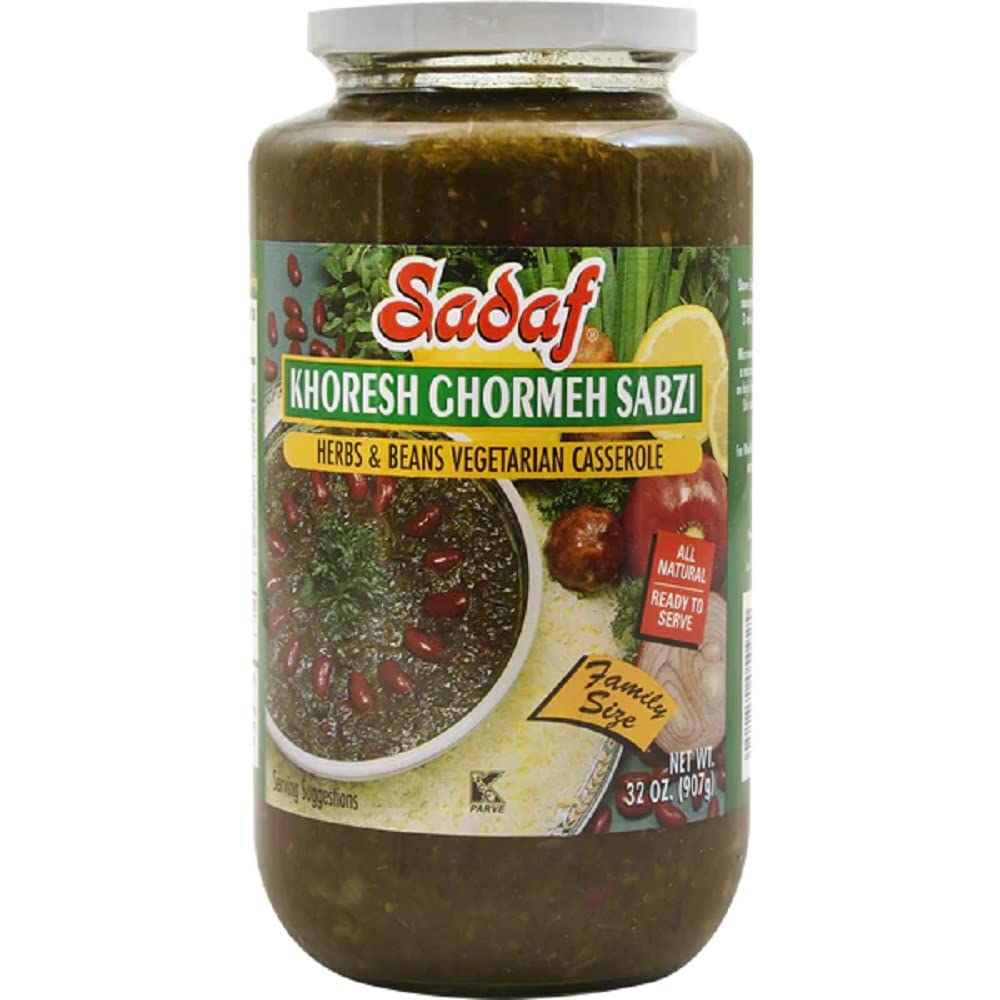 Sadaf Khoresh Ghormeh Sabzi - Ready to eat Khoresh sabzi with spices, herbs and beans - Persian food in a jar - Iranian food Qormeh sabzi mix - Herb & Bean Stew in Jar- 32 oz.