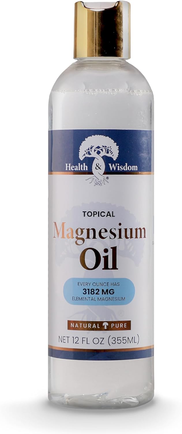 Health and Wisdom Topical Magnesium Oil - Pure Magnesium Oil, Magnesium Oil for Feet, Transdermal Magnesium Oil for Bath, Magnesium Massage Oil, Magnesium Chloride Oil, Magnesium Soak - 12 Fl Oz