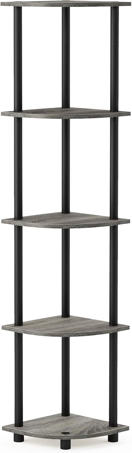Furinno Turn-N-Tube 5 Tier Corner Display Rack Multipurpose Shelving Unit, 1-Pack, French Oak Grey/Black