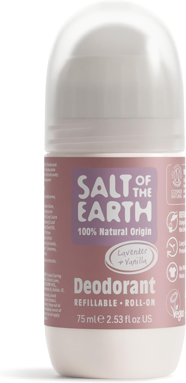 Salt of the Earth - Natural Refillable Roll On Deodorant - Lavender & Vanilla - Vegan Formula with Effective Long-Lasting Protection, Made in the UK - Suitable for Women, Men & Kids - 75ml
