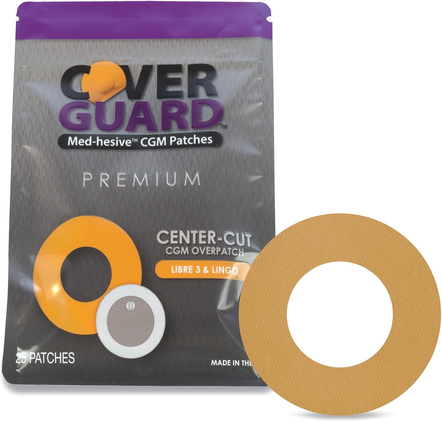 CGM Overpatch | Freestyle Libre 3 | Tan Center-Cut Design| 25-Count | Waterproof Adhesive | Anti-Fray | Easy Application & Removal | Made in USA | Sensor Protection