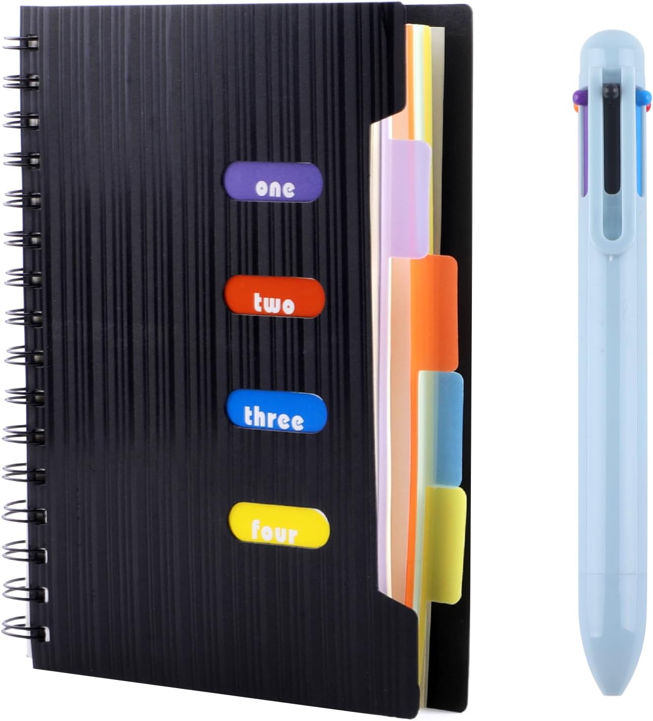Weysoo A5 Notebook with Dividers, 240 Pages Spiral Notebook with Multicolor Pen, 80GSM Paper Project Book, A5 Notebook for School, Office, and Home - 4 Colors Tab