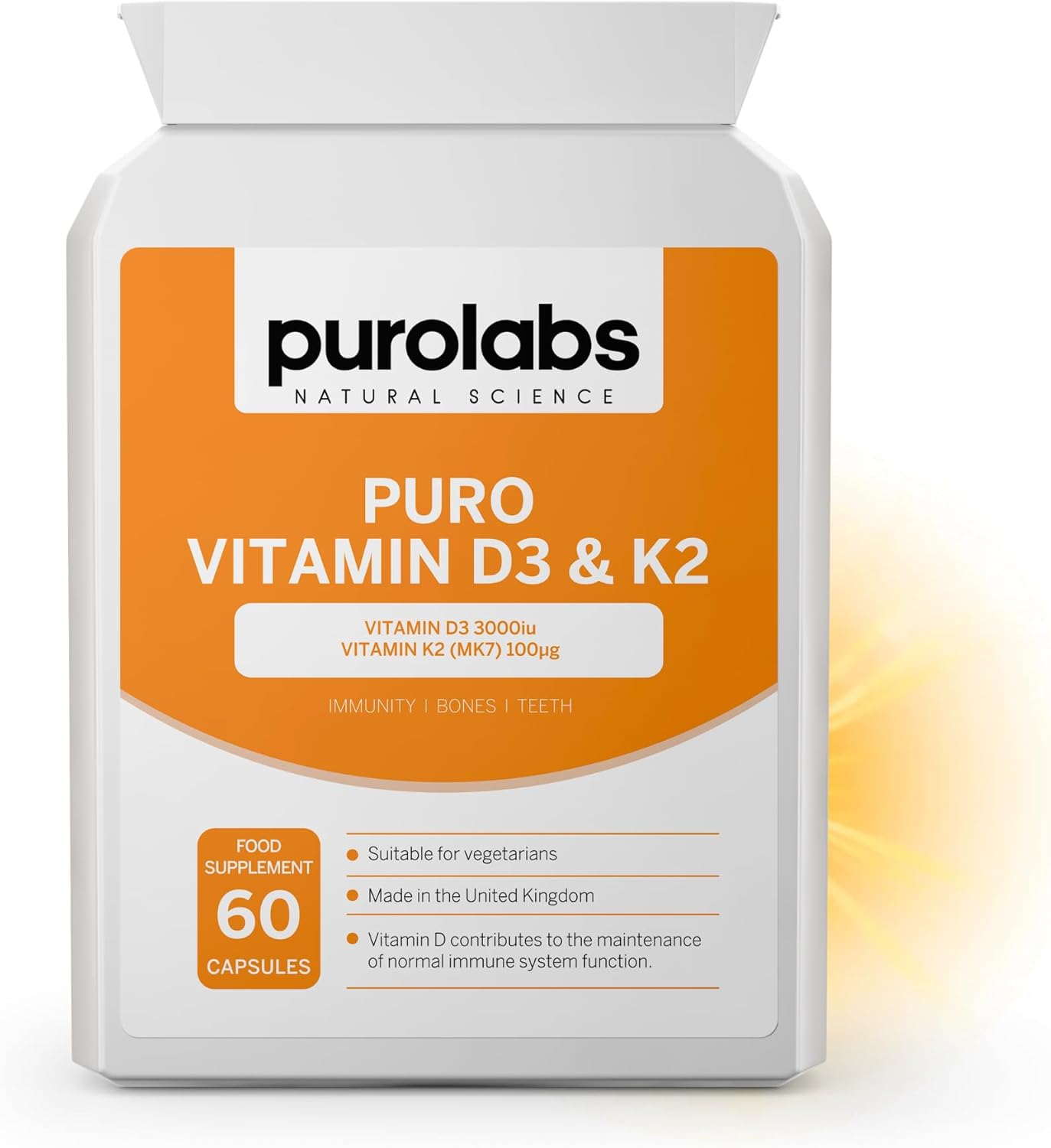 Purolabs Vitamin D3 3000iu & K2 100ug (MK7) - High Strength Vitamin D Supplement for Immune Support, Mood & Bone Health - Vitamin D3 K2 Vegetarian Capsules - Vitamin D Tablets 60 Count