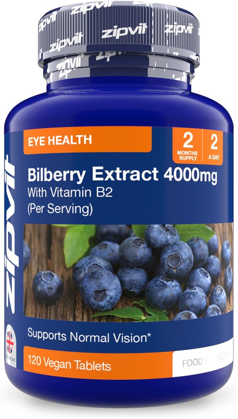 Zipvit Bilberry Extract 4000mg with Vitamin B2, High Strength Bilberry Eye Supplement, Eye Health Supplement for Vision Support, 120 Vegan Tablets, 2 a Day, 2 Month Supply