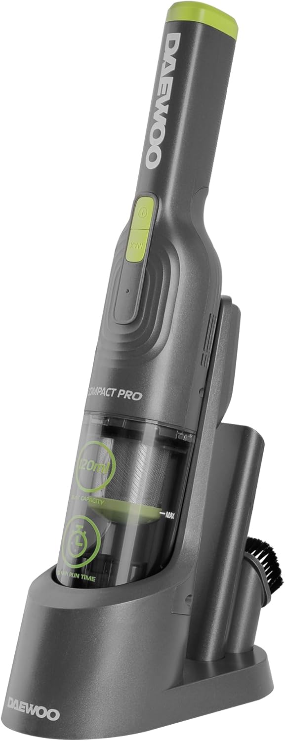 Daewoo Handheld Vacuum Compact Pro, Cordless, 30 Min Run Time, 120ml Dust Capacity, Storage Base, 2 Speed Settings, Upholstery Brush, Crevice Tool, Washable HEPA Filter, LED Power Indicator