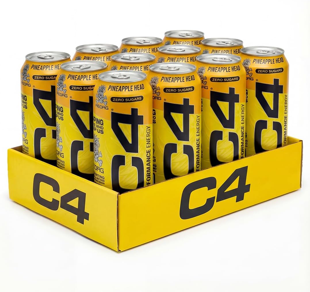 C4 Performance Energy Drinks Pineapple Head 500ml (12 pack) | Sugar Free Energy Drink with 160mg Caffeine, 250mg Betaine, 1050mg Taurine | Low Calorie Fizzy Drinks for On the Go Energy and Focus