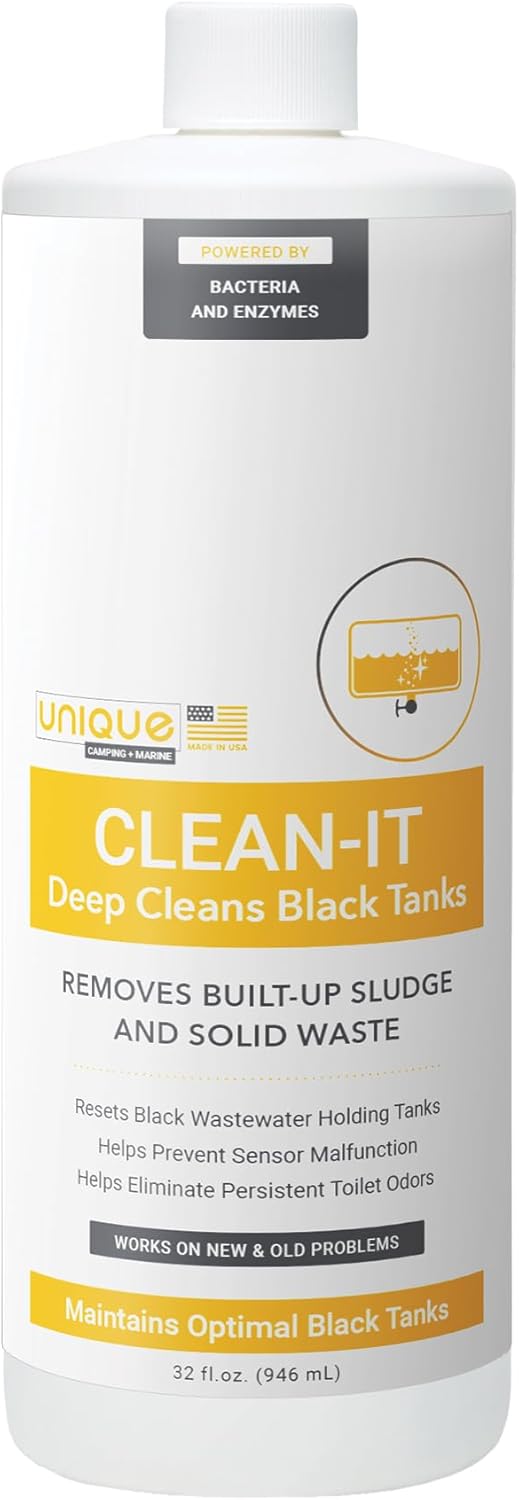 Unique Clean-It RV Black Tank Deep Cleaner Liquid - Effectively Resets Dirty RV Black Tanks - Eliminates Odors and Waste (32 oz)
