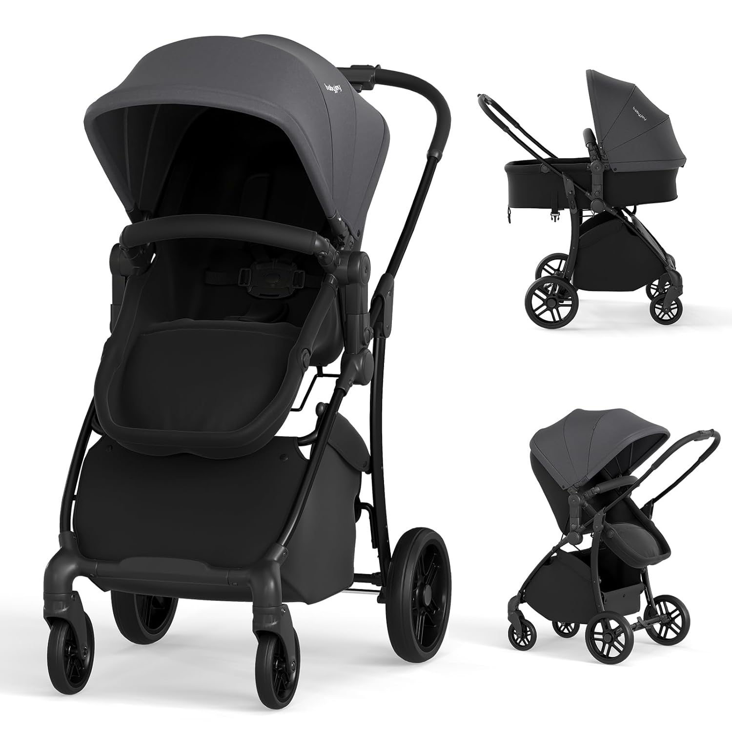 BABY JOY 2 in 1 Baby Stroller, High Landscape Convertible Bassinet Stroller with Reversible Seat, Adjustable Backrest & Canopy, Foldable Pushchair Pram Stroller for Newborn Toddler 0-36 Months (Gray)