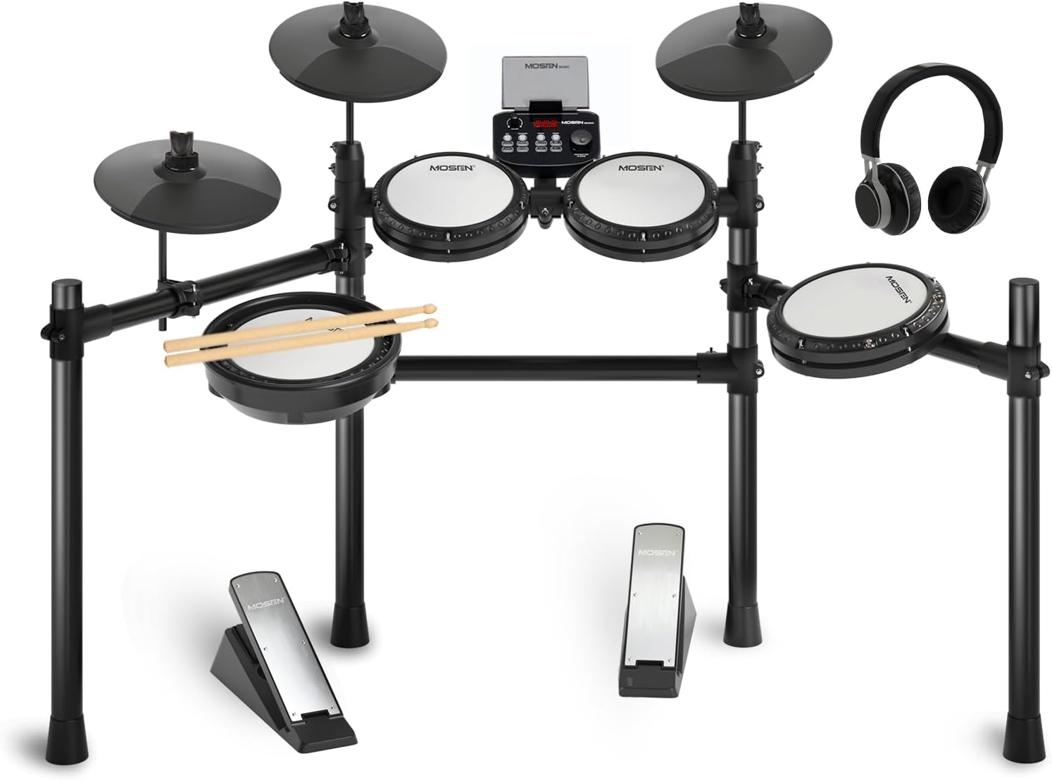 MOSEN Upgraded Electronic Drum Set with 3 Mesh Pads, 3 Cymbals, Mobile Stand & Headphones, 195+ Sounds, 32 Polyphony, Newly Update Module, Velocity Sensitive for Adults/Kids, Home Studio Practice Kit