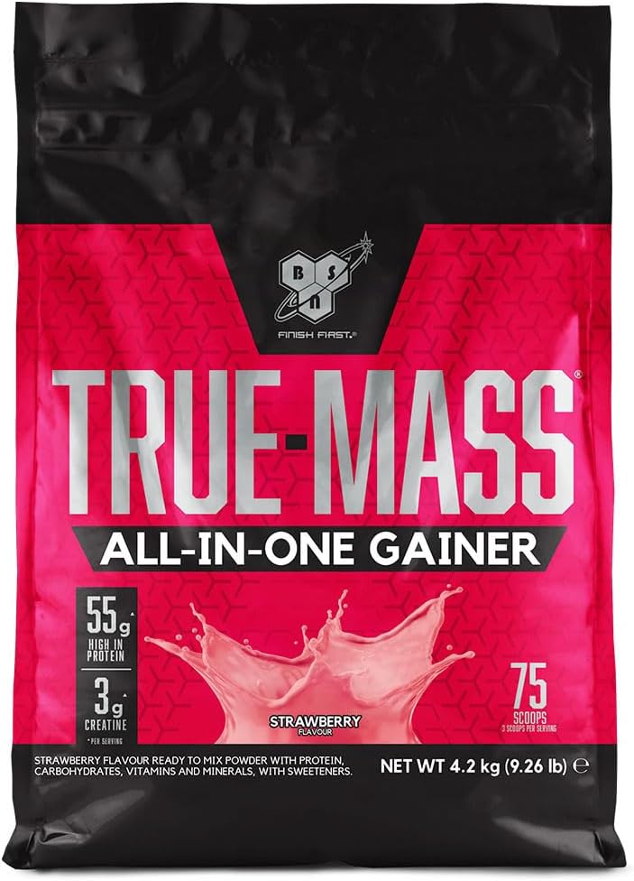 BSN True Mass All-In-One Gainer Protein and Carbohydrate Powder with Creatine, Glutamine, Vitamin D and Zinc, Muscle Gain and Recovery Workout Powder, Strawberry Flavour, 25 Servings, 4.2 kg