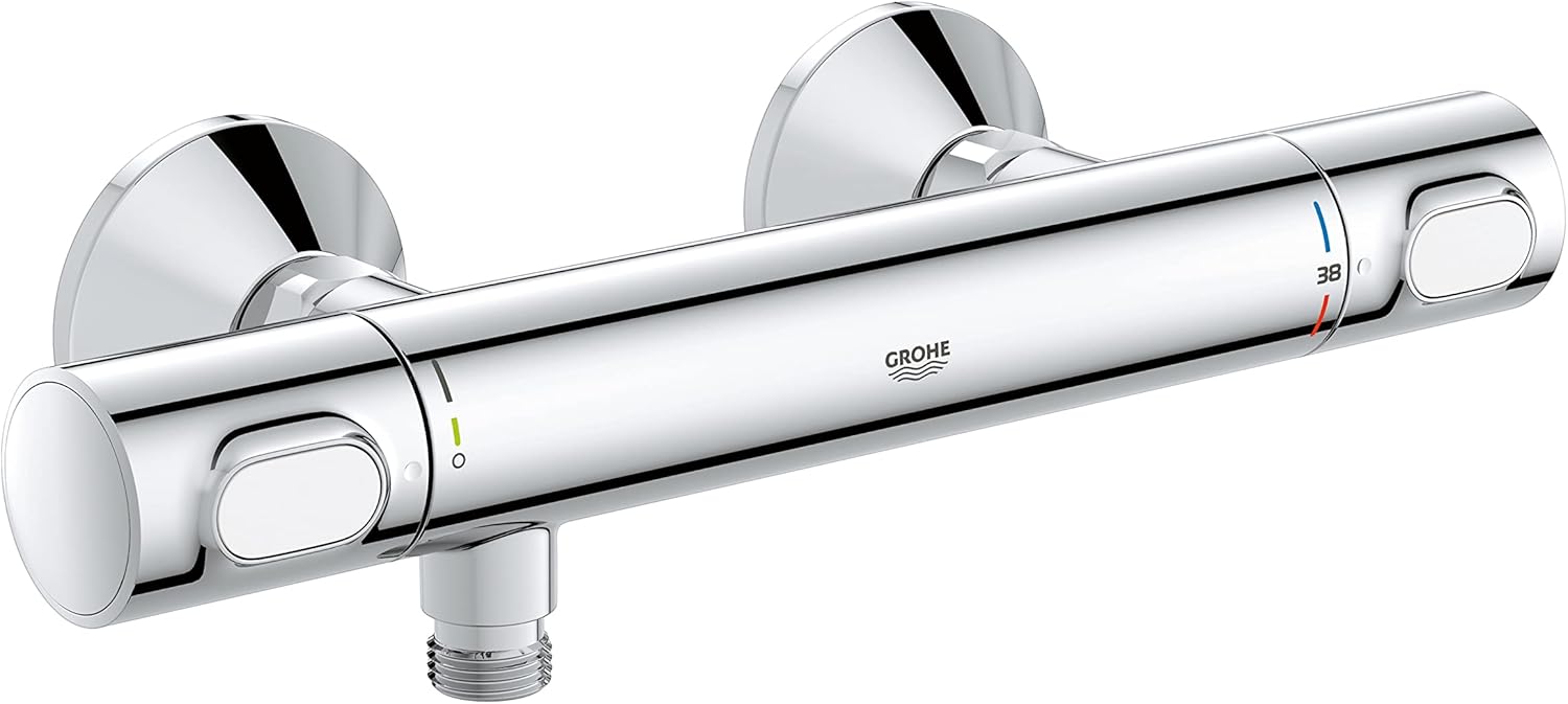 GROHE Precision Flow - Wall Mounted Thermostatic Shower Mixer (Safety Button at 38°C, Temperature Limiter at 43°C Included, Eco Technology to Reduce Water and Energy Consumption), Chrome, 34840000