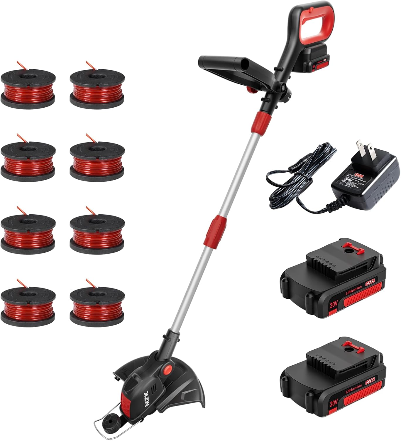 MZK 20V 12'' Cordless String Trimmer, Grass Trimmer&Edger with 8 Replacement Spools, Battery Powered Lightweight Weed Trimmer with Auto Line Feed for Garden, Lawn(2 * 2AH Battery and Charger Included)