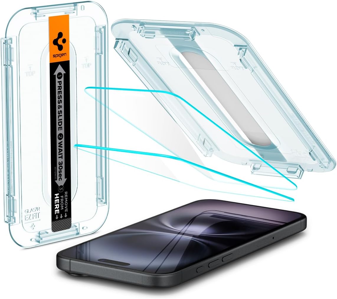 Spigen Glas.tR EZ Fit Tempered Glass Screen Protector for iPhone 16, iPhone 15-2 Pack