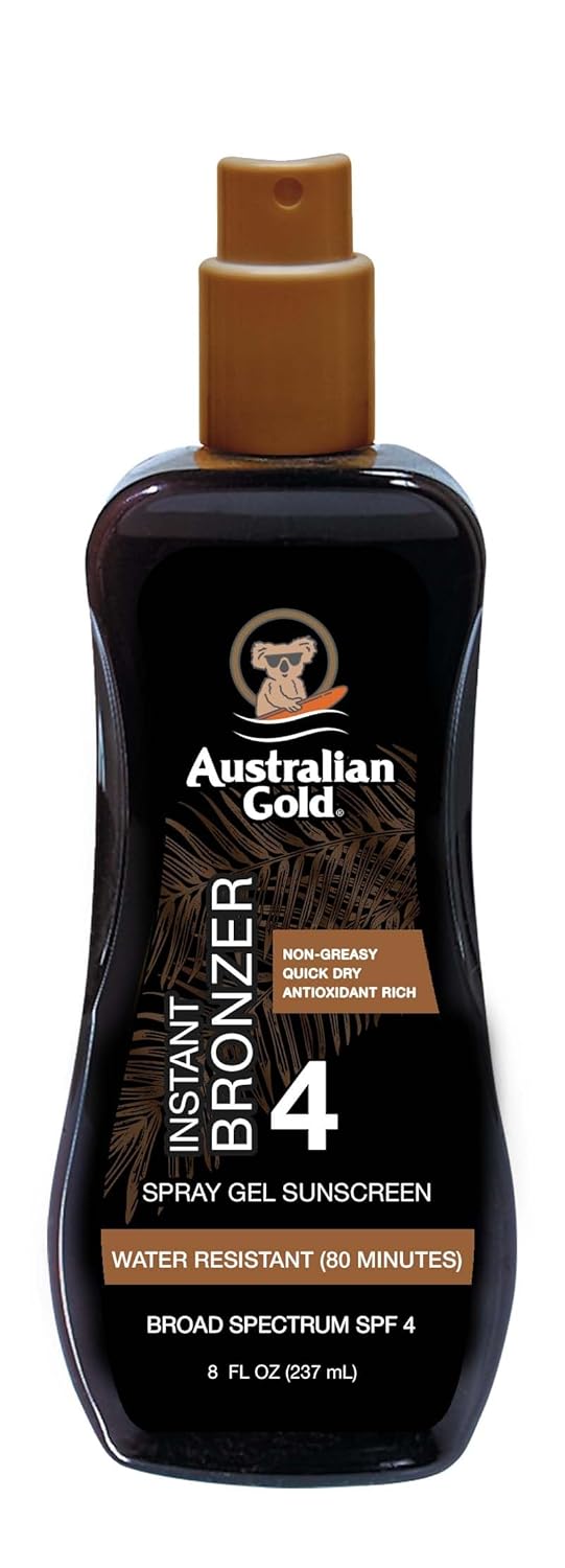 Australian Gold Spray Gel Sunscreen with Instant Bronzer SPF - 4, 8 Ounce | Moisturize & Hydrate Skin | Broad Spectrum | Water Resistant | Non-Greasy | Oxybenzone Free | Cruelty Free