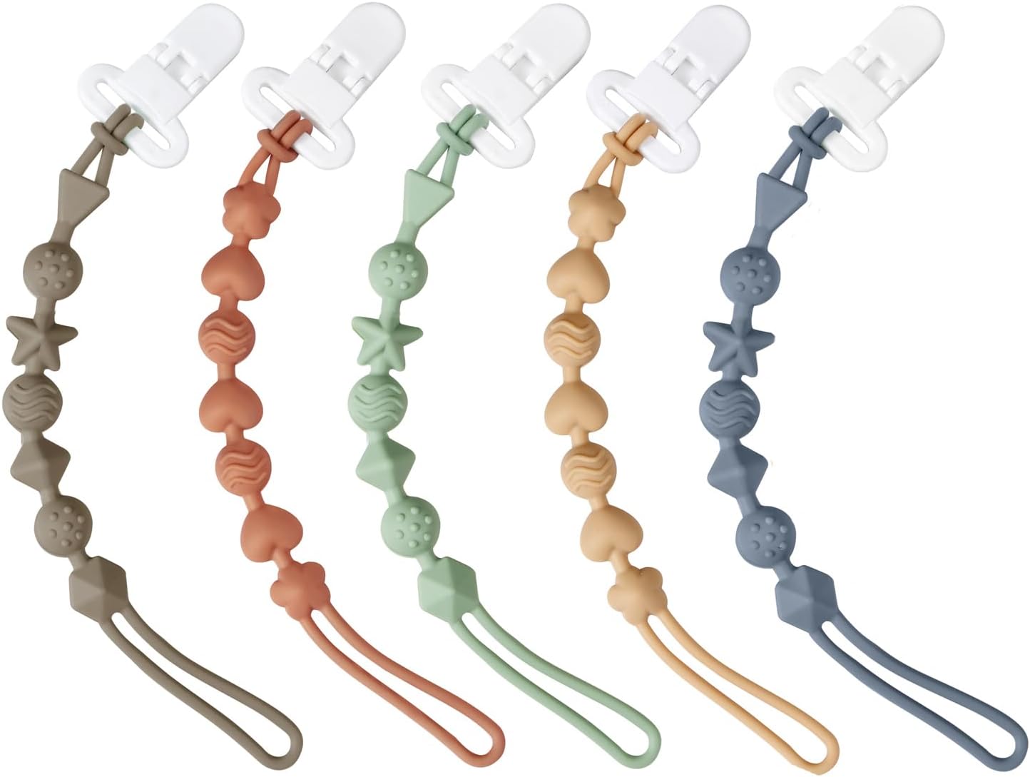 PandaEar 5 Pack Silicone Pacifier Clips, One Piece Design Pacifier Holder for Teething Teethers