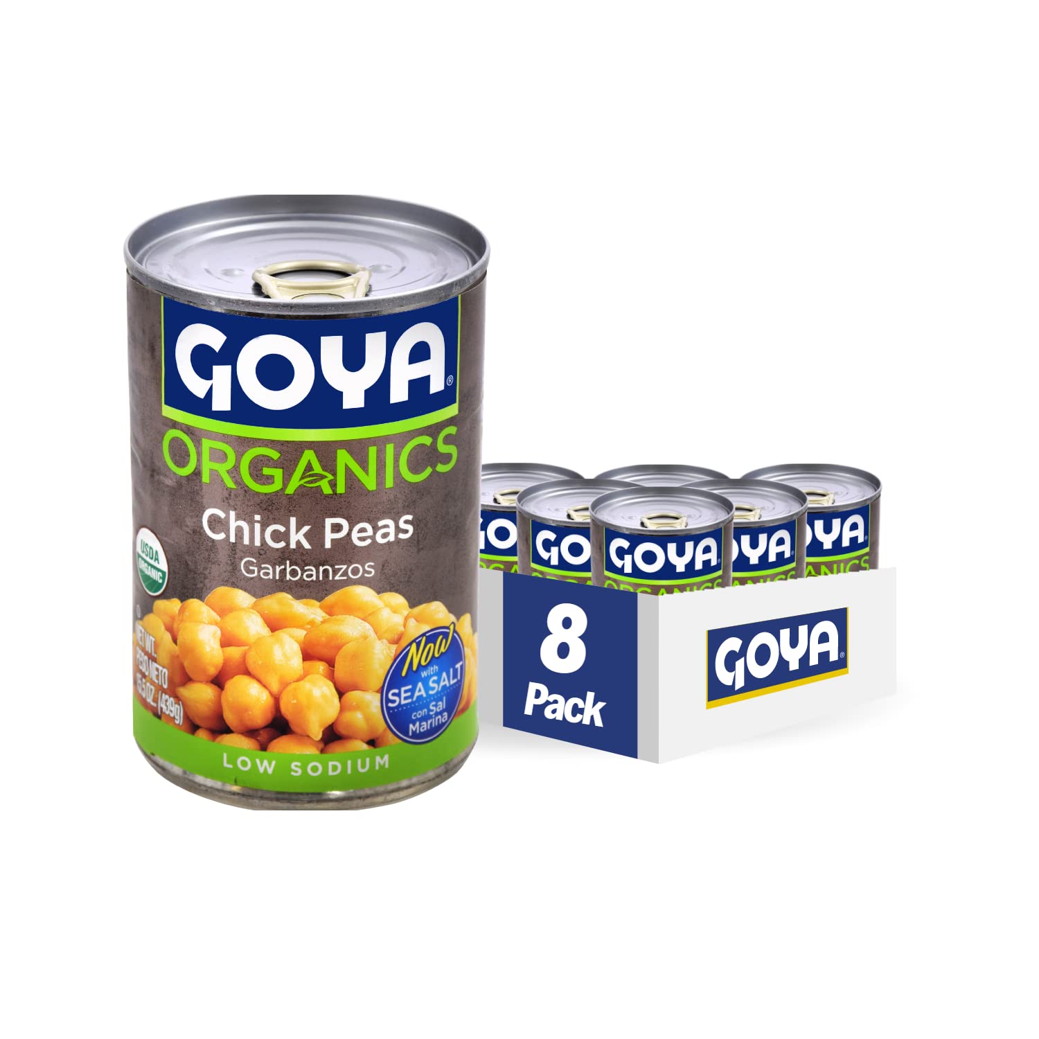 Organic Chickpeas with Sea Salt by Goya, Low Sodium Garbanzo Beans, Canned Food, Pantry Staples, Legumes Rich in Fiber, Beans Bulk 8 Pack of 15.5oz Cans