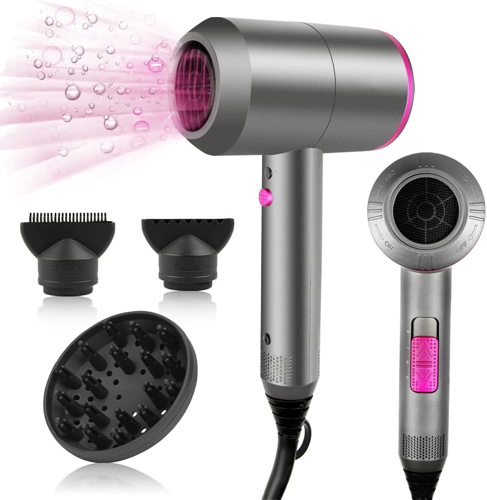 HappyGoo Hair Dryer Professional Ionic Hairdryer with 2 Speed 3 Heat Setting, Cool Shot Button, 1 Diffuser & 2 Concentrator, Hairdryers for Women & Man - Light Gray