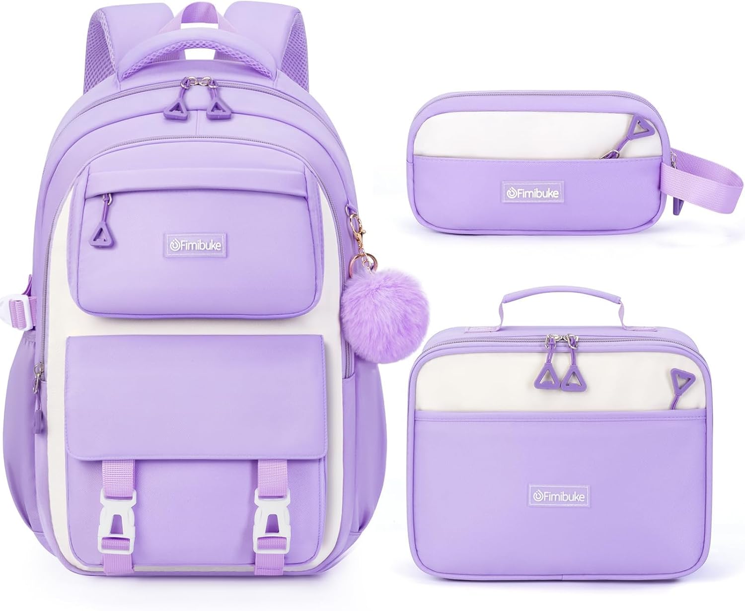 Fimibuke Backpacks for Girls, 3 PCS Waterproof School Backpack with Lunch Box, Pencil Pouch Set for Kids Teens Girls, Cute Bookbag School Bag for Elementary Middle High School Student Ages 6+(Purple)