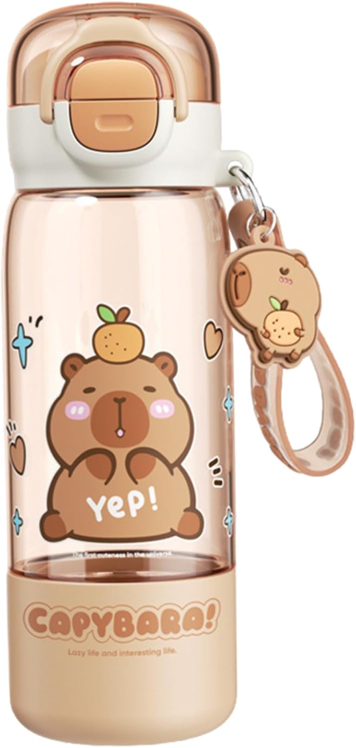 Capybara Water Bottle with Lid & Keychain Cute Water Bottle with Silicone Straw, Drinking Cup & Spout Portable Heat-Resistant Food Grade for Kids & Girls, 510ml