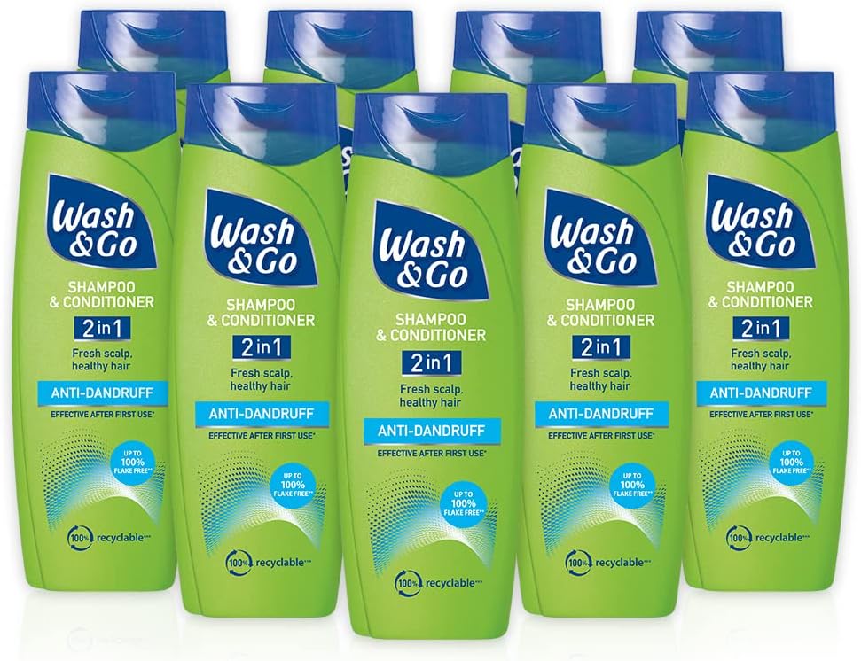 Wash & Go Anti-dandruff 2 in 1 Shampoo & Conditioner, Men's Dandruff Shampoo, For All Hair Types, Bulk Pack x 9 bottles