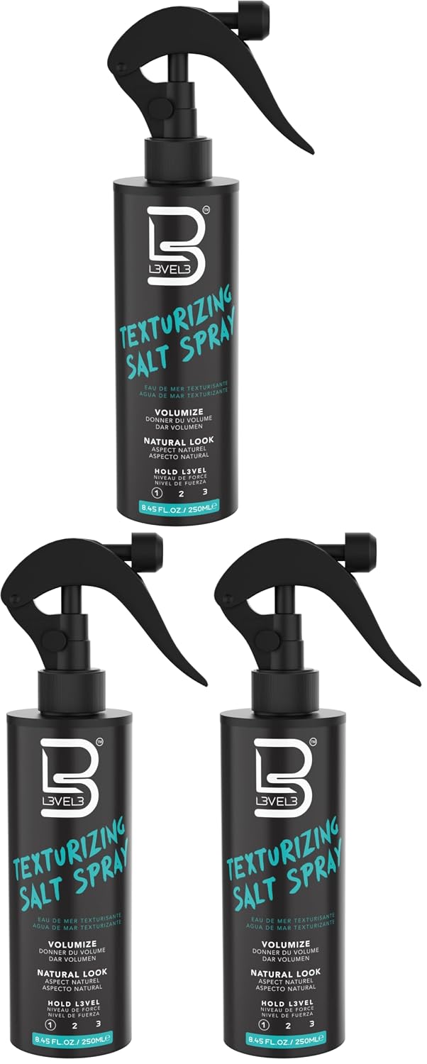 L3 Level 3 Sea Salt Texturizing Spray - Creates Beachy Waves and Texture - Light Hold - Casual Hair Finish (8.45 Fl Oz) (Pack of 3)
