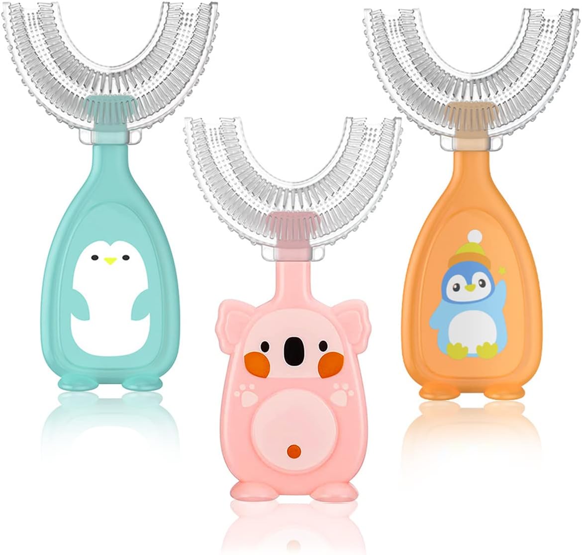 Fantasyon 3 Pack Kids U-Shaped Toothbrush, Food Grade Soft Silicone Brush Head, 360° Whole Mouth Manual Training Tooth Brush for Toddlers and Children 6-12 Years Old, Blue,orange,pink