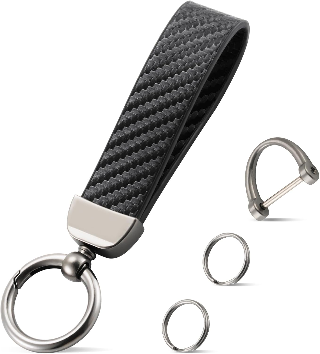 JUSTTOP Leather Keychain, Carbon Fiber Car Key Chain with Anti-Lost D-Ring and 2 Key Ring, Keychain Wristlet, Car Accessories, Universal Keychain for Men and Women (Black)