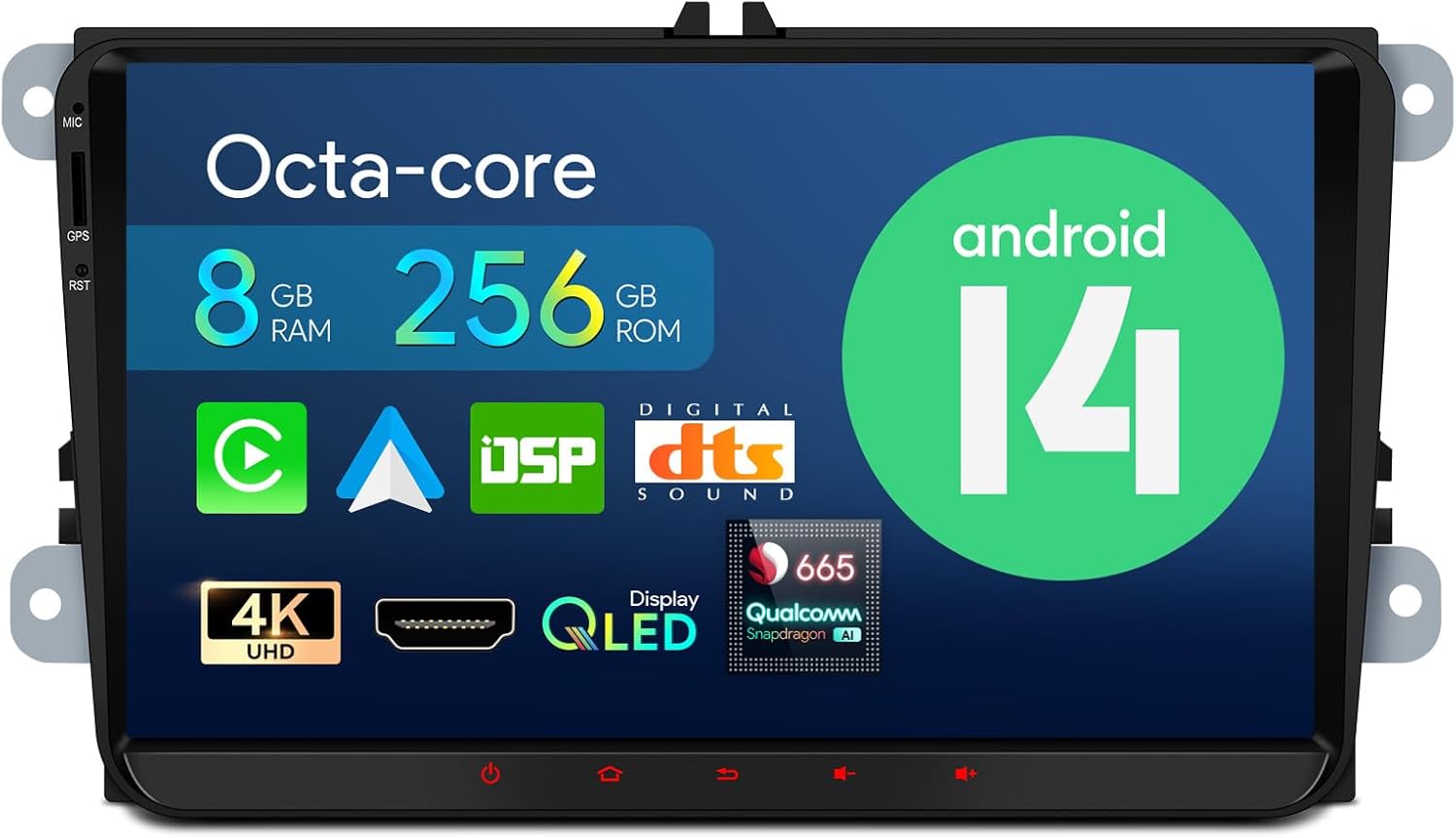 XTRONS Android 14 Qualcomm 665 QLED Radio Player for VW Volkswagen EOS Golf SKODA SEAT, 9 Inch Octa Core 8GB+256GB Car Stereo IPS Touched Screen DSP DTS 4G LTE GPS Bluetooth Support AHD Camera DAB+