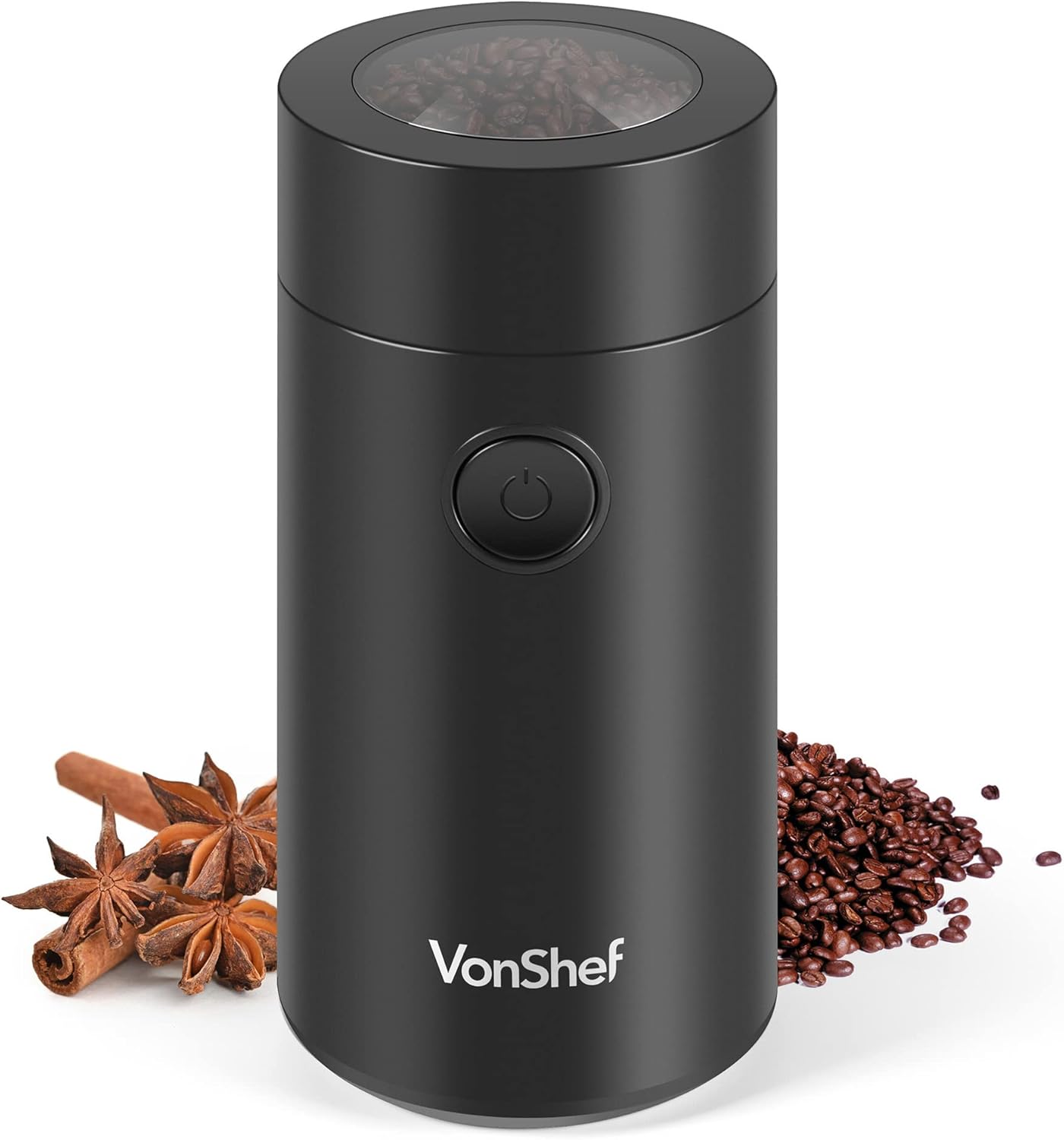 VonShef Electric Coffee & Spice Grinder, for Espresso Beans, Nuts & Grains - Bean & Spices Chopper with Powerful Motor and Tough Stainless Steel Blades, Grind up to 60g / 4 Cup Capacity - Black 150W