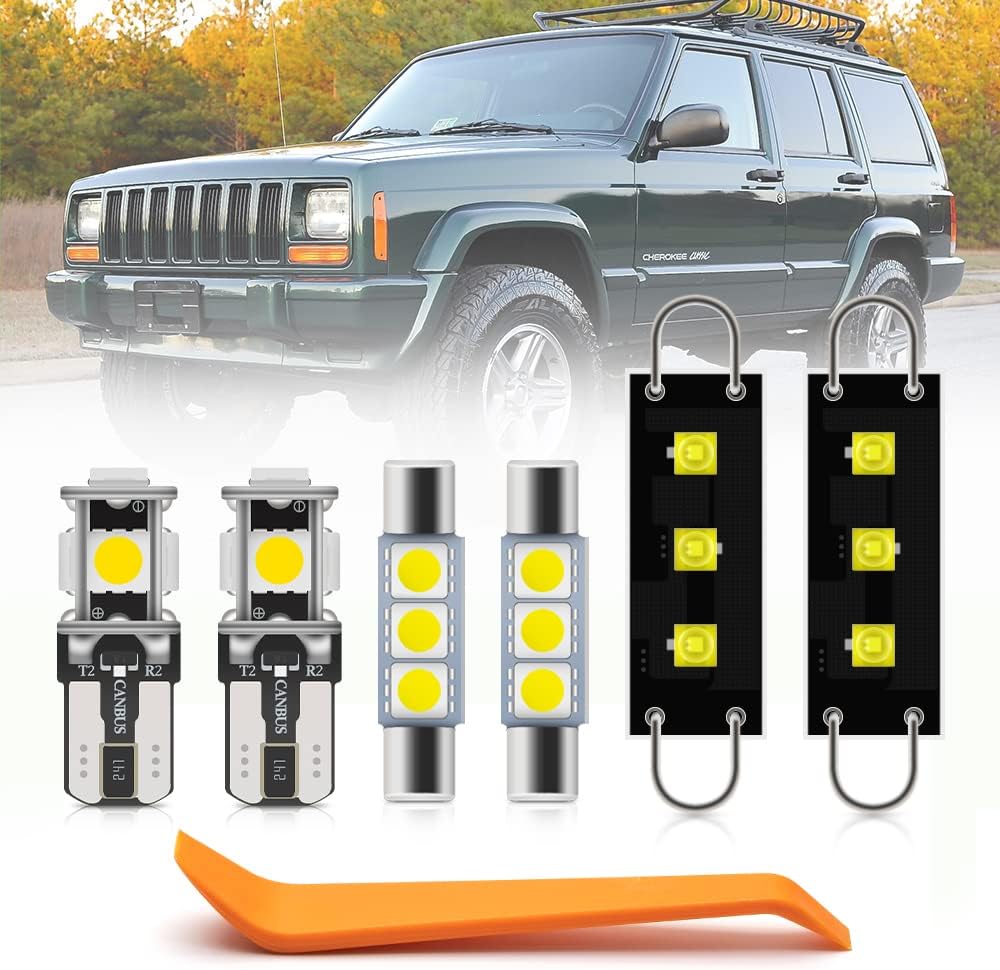 nsautolighting 14pcs Cherokee XJ LED Interior Lights Kit Jee'p Cherokee XJ 1997 1998 1999 2000 2001 Super Bright 6000K White LED Map Dome Footwell Vanity Mirror License Plate Light Interior LED Bulbs