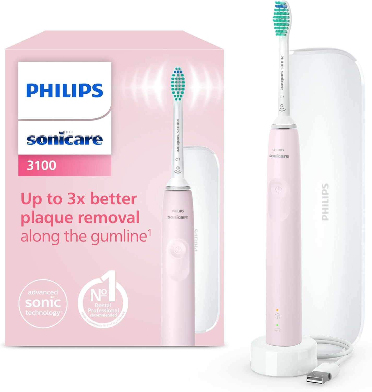 Philips Sonicare 3100 Electric Toothbrush, Sonic Toothbrush, Pressure Sensor and Timer, Travel Case, Sugar Rose, Model HX3673/11