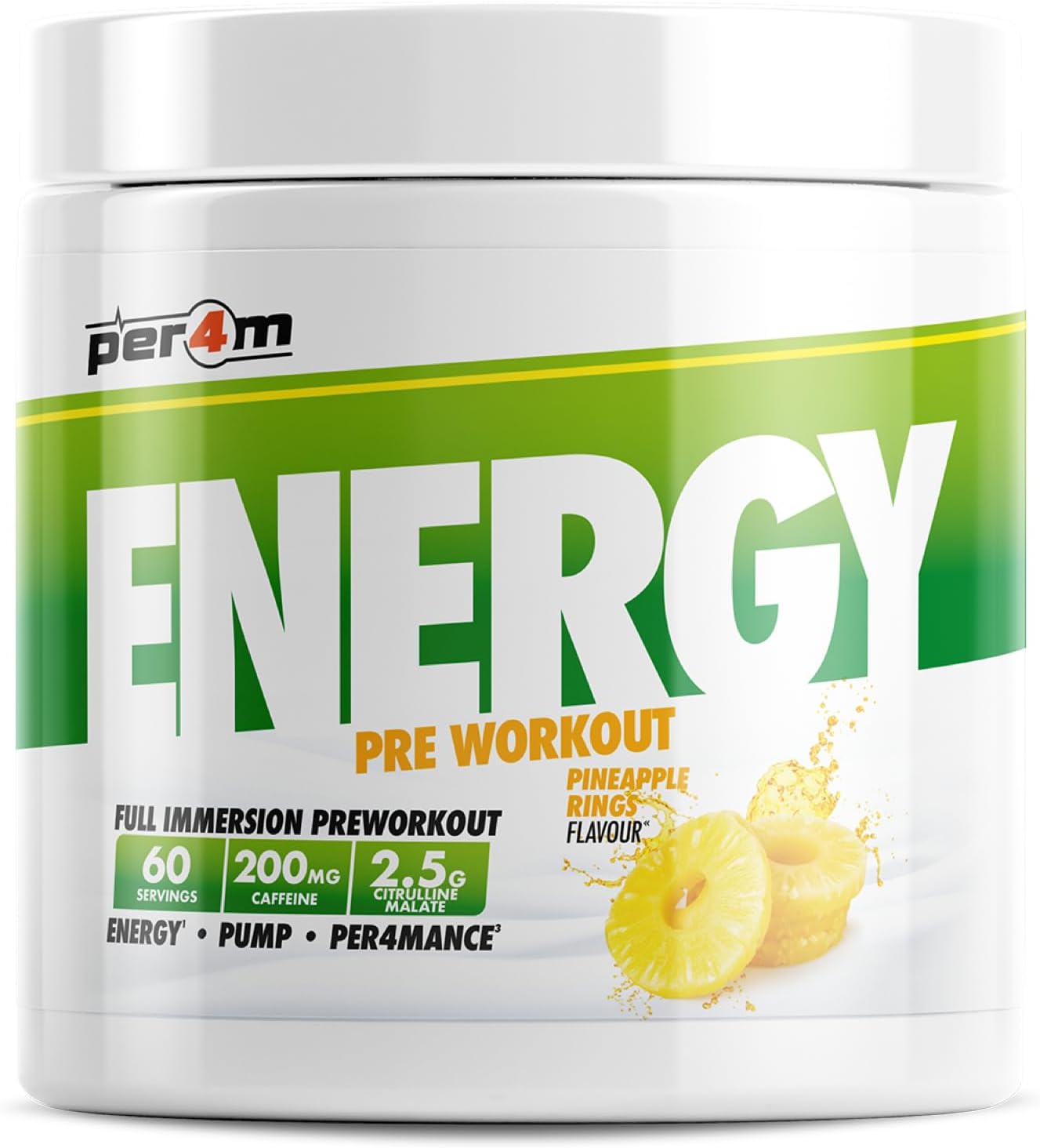 Per4m Energy Pre Workout with Amino Acids | Caffeine, Tyrosine, Citrulline & Theobromine | Endurance, Focus & Sustained Power | 60 Servings (390g, Pineapple Rings)