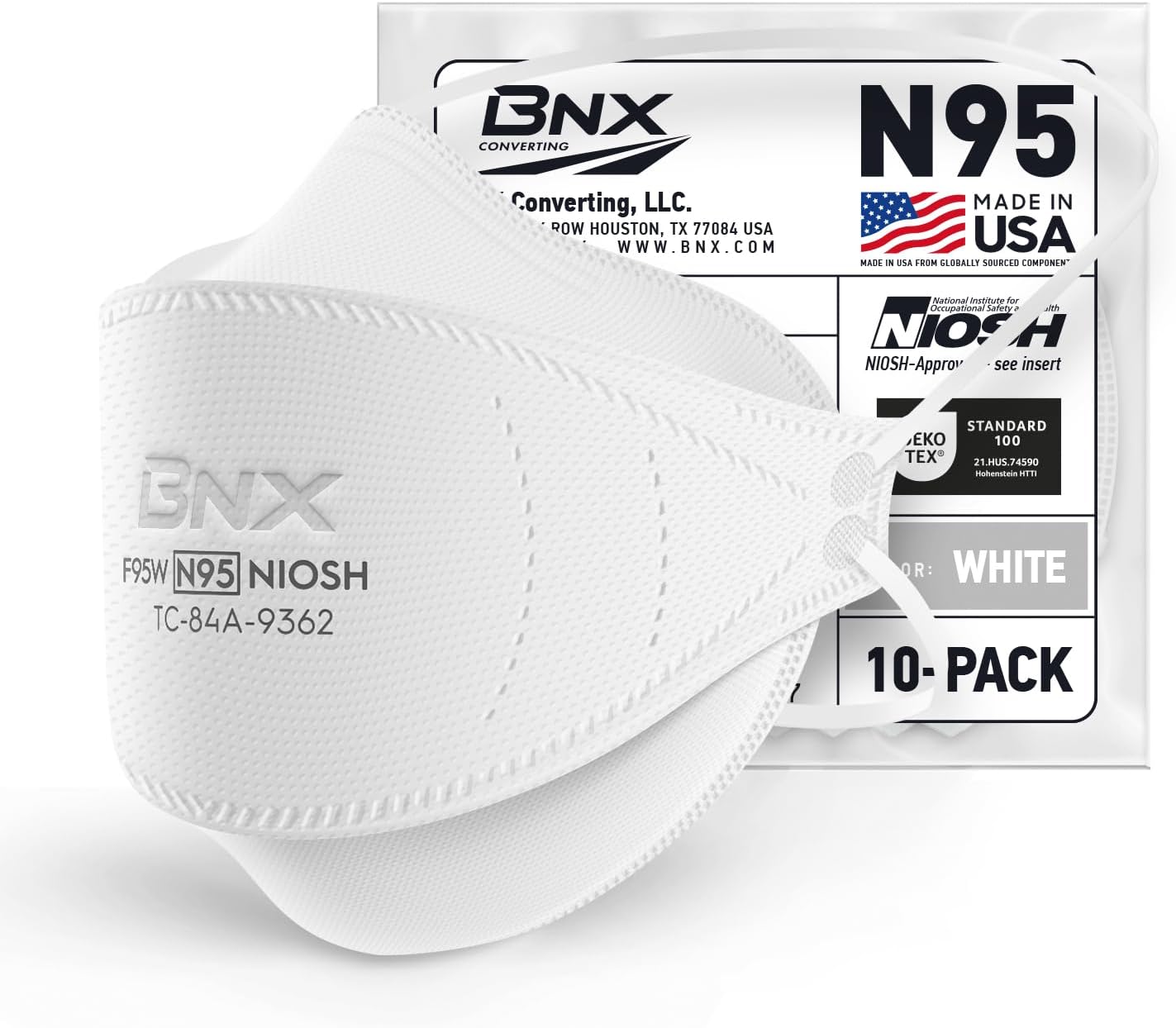 AccuMed N95 Mask NIOSH Certified MADE IN USA Particulate Respirator Protective Face Mask, Tri-Fold Cup/Fish Style, (10-Pack, Approval Number TC-84A-9362 / Model F95W) White