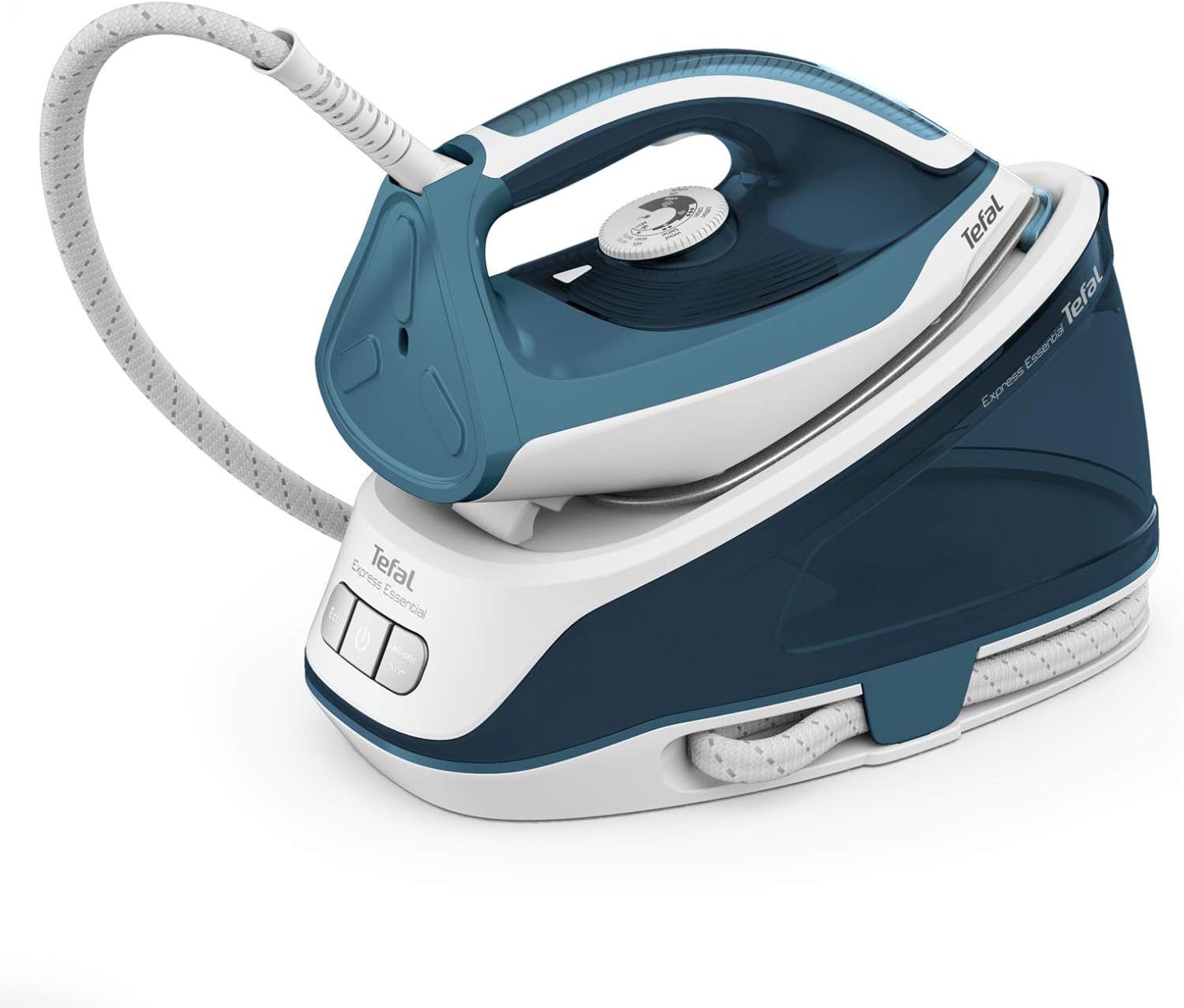 Tefal, Express Essential, Steam Generator Iron, 120g/min Steam Output, Xpress Glide Soleplate, 280 g/min Steam Boost, 5.2-Pump Bars, with Scale Rinsing System, White and Blue, (SV6115)