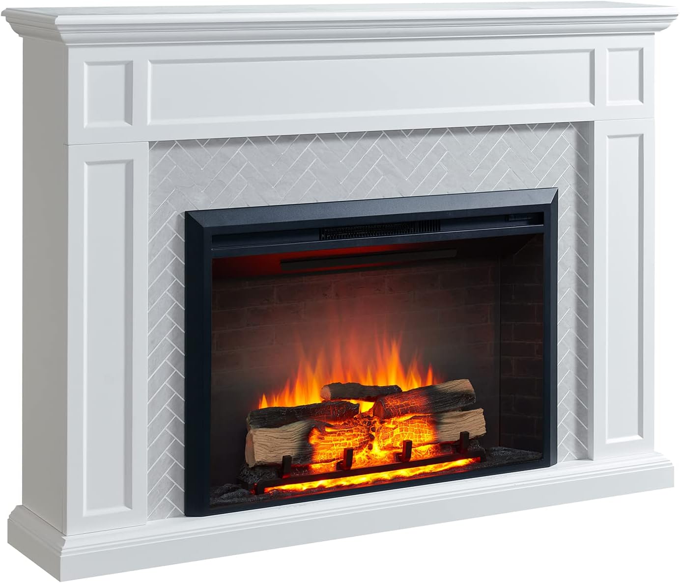 LegendFlame® Hailey Electric Fireplace with 65" Mantel Surround and Carl 39" Insert, Cream White with Light Grey Brick Finish